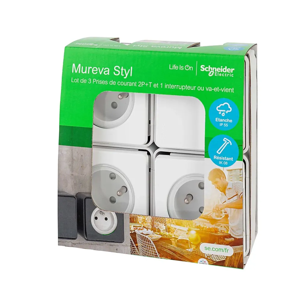 Schneider Electric 3 prises avec terre + 1 interrupteur va-et-vient Mureva Styl blanc, lot