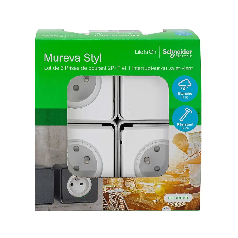 Schneider Electric 3 prises avec terre + 1 interrupteur va-et-vient Mureva Styl blanc, lot