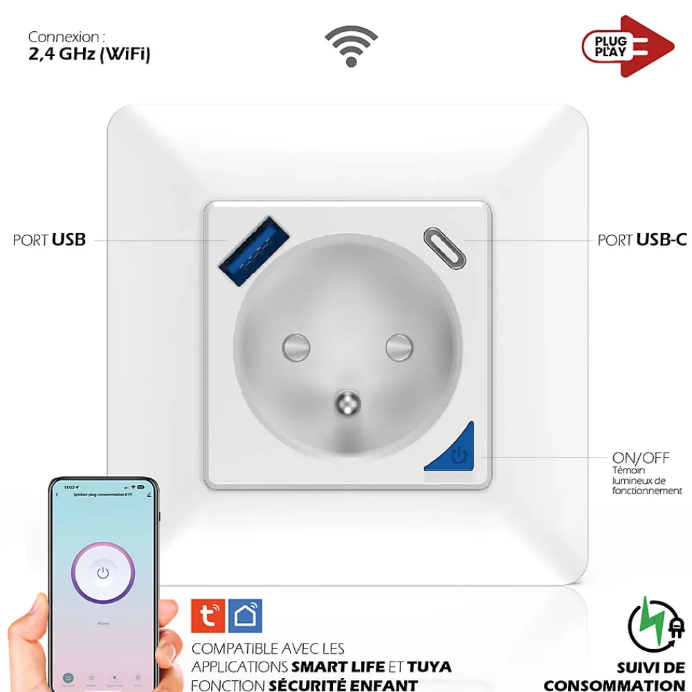 Kyf Commande De L'Éclairage-2 Prises encastrées 3000W & Ports USB-A + USB-C Wifi + Suivi de consommation