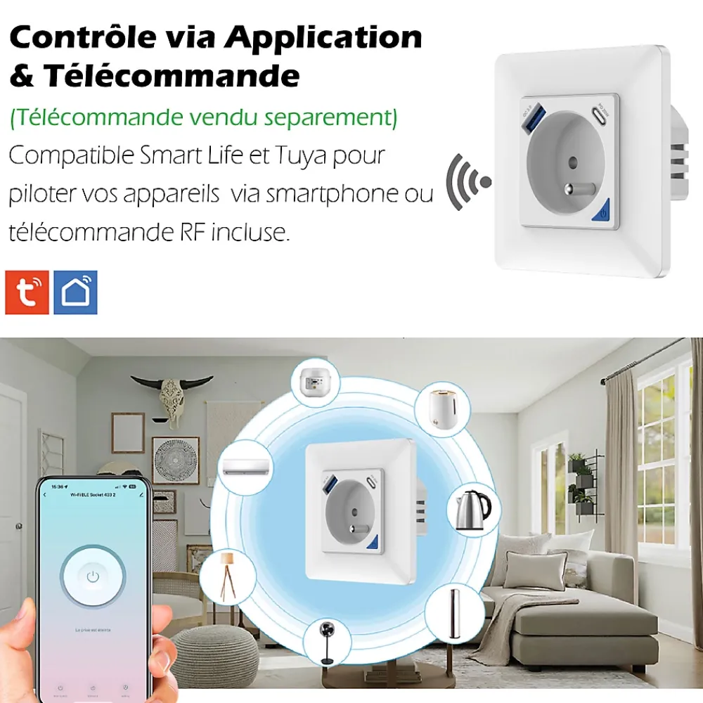Kyf Commande De L'Éclairage-2 Prises encastrées 3000W & Ports USB-A + USB-C Wifi + Suivi de consommation