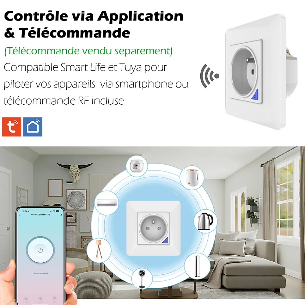 Kyf Commande De L'Éclairage-2 Prises encastrées 3000W Wifi + Suivi de consommation