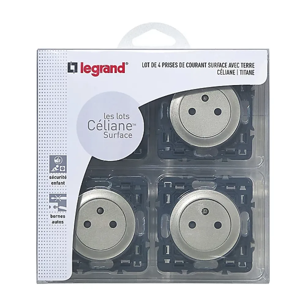 Legrand 4 prises 2 pôles+terre à vis Céliane titane