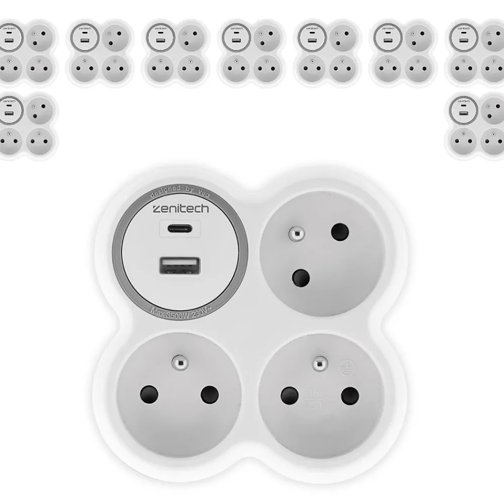 Zenitech Transformateur, Convertisseur Et Chargeur Usb-5 prises 3x16A + 2 ports USB A/C -