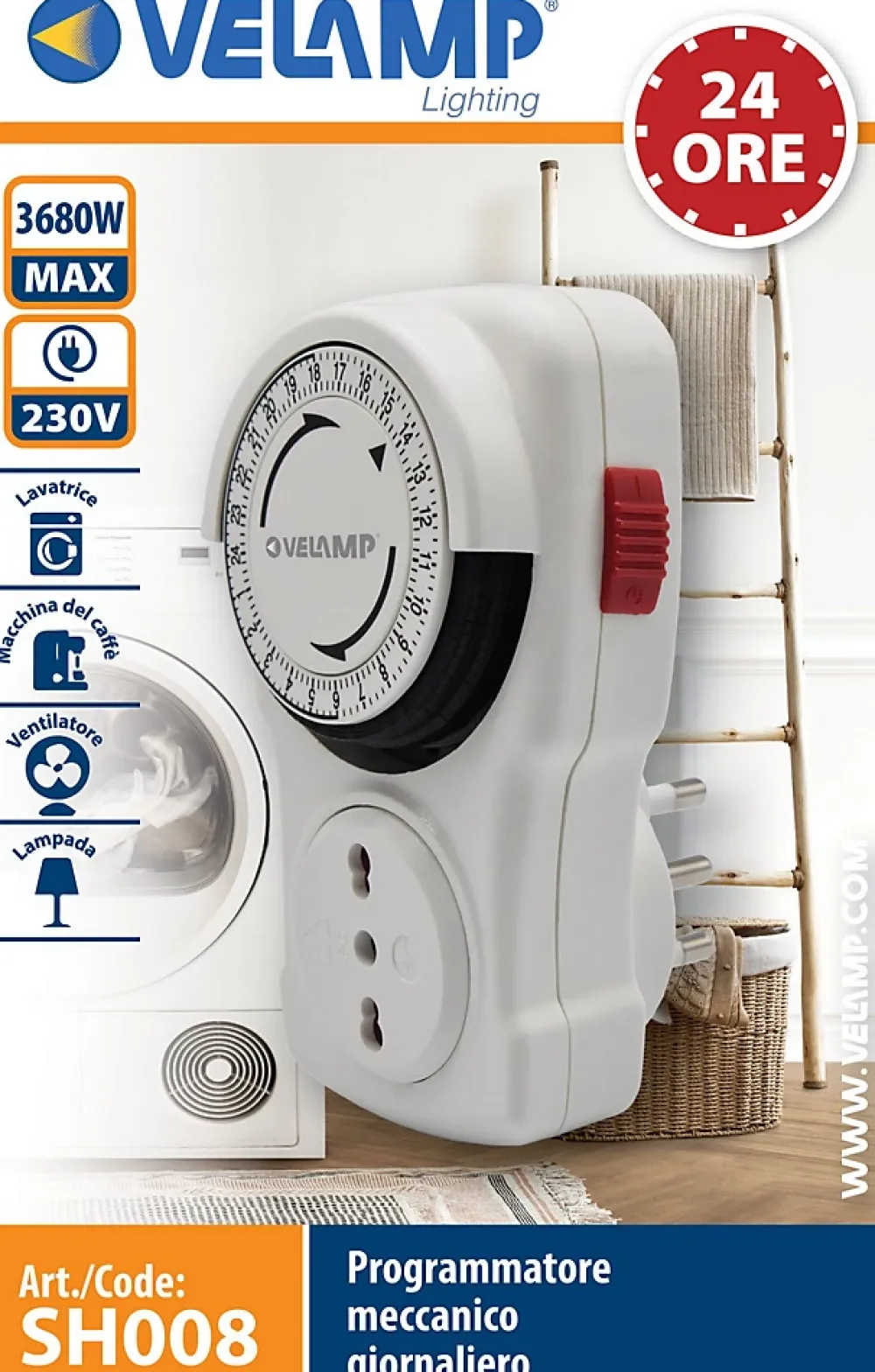 Velamp Prise Programmable-Programmateur journalier mécanique, programmes 15 minutes - 10/16A