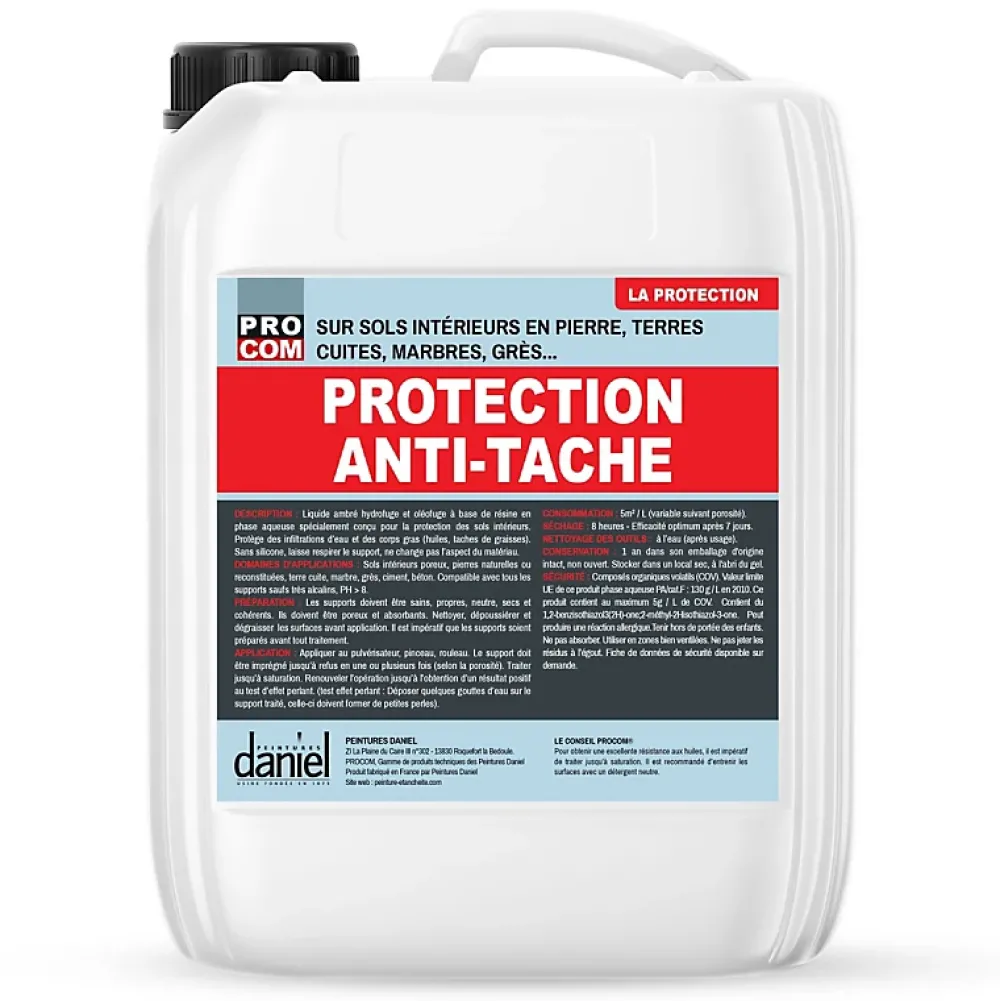 Procom Etanchéité Du Mur Intérieur-Protection anti-tache, hydrofuge, oléofuge, terrasses, sols intérieurs, extérieurs -5 litres-Incolore