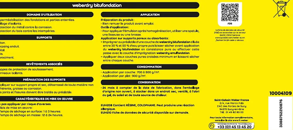 Weber Saint-Gobain Etanchéité Des Fondations-Revêtement d'imperméabilisation des fondations et collage d’isolants 25 kg prêt à l'emploi, Weberdry Bitufondation