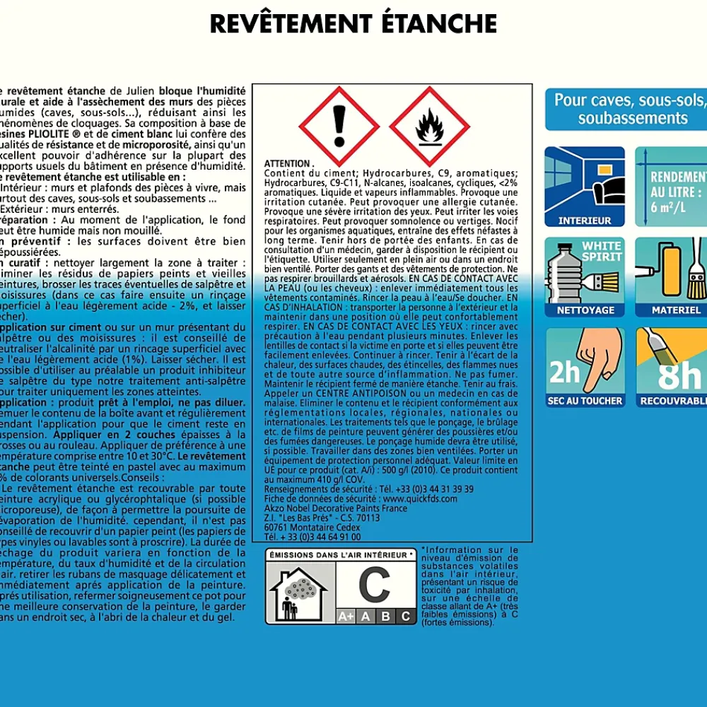 Julien Revêtement étanche à base de résine pliolite pour caves et sous sols mat blanc mat 2,5L