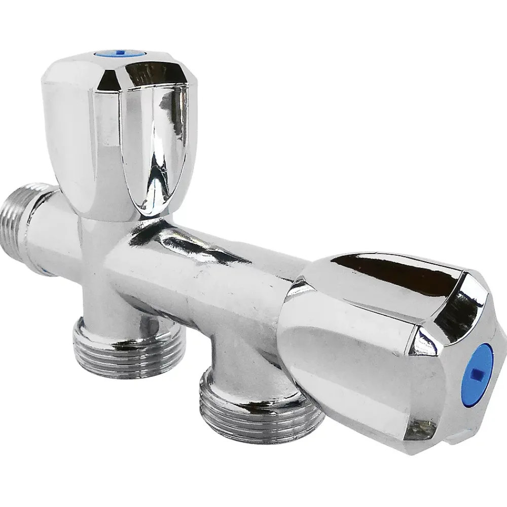 Somatherm for you Robinet à clapet à double sorties pour l'alimentation de 2 machines à laver, Entrée Mâle 1/2" - Double sortie Mâle 3/4"