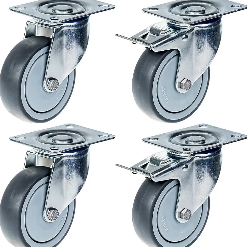 Parnells Roulette Et Roue-Roulette 100mm 4" à bandage caoutchouc gris, pivotante et avec frein, forte capacité de 440kg, jeu de 4