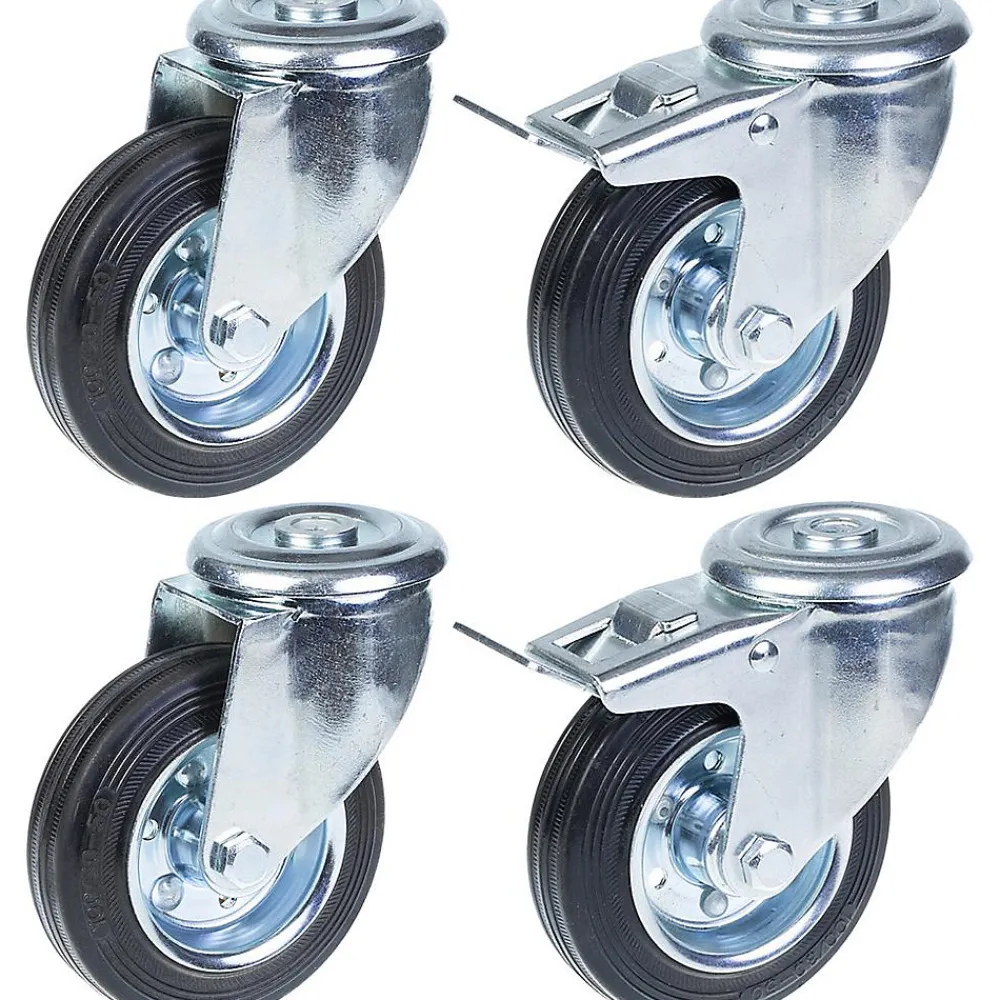 Parnells Roulette Et Roue-Roulette 100mm 4" à bandage caoutchouc, pivotante et avec frein, capacité de charge de 360kg, jeu de 4