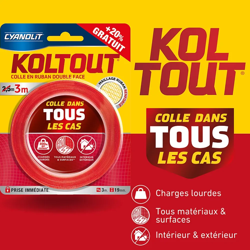 Cyanolit Ruban adhésif double face Koltout Express 3 m x 19 mm + 20%