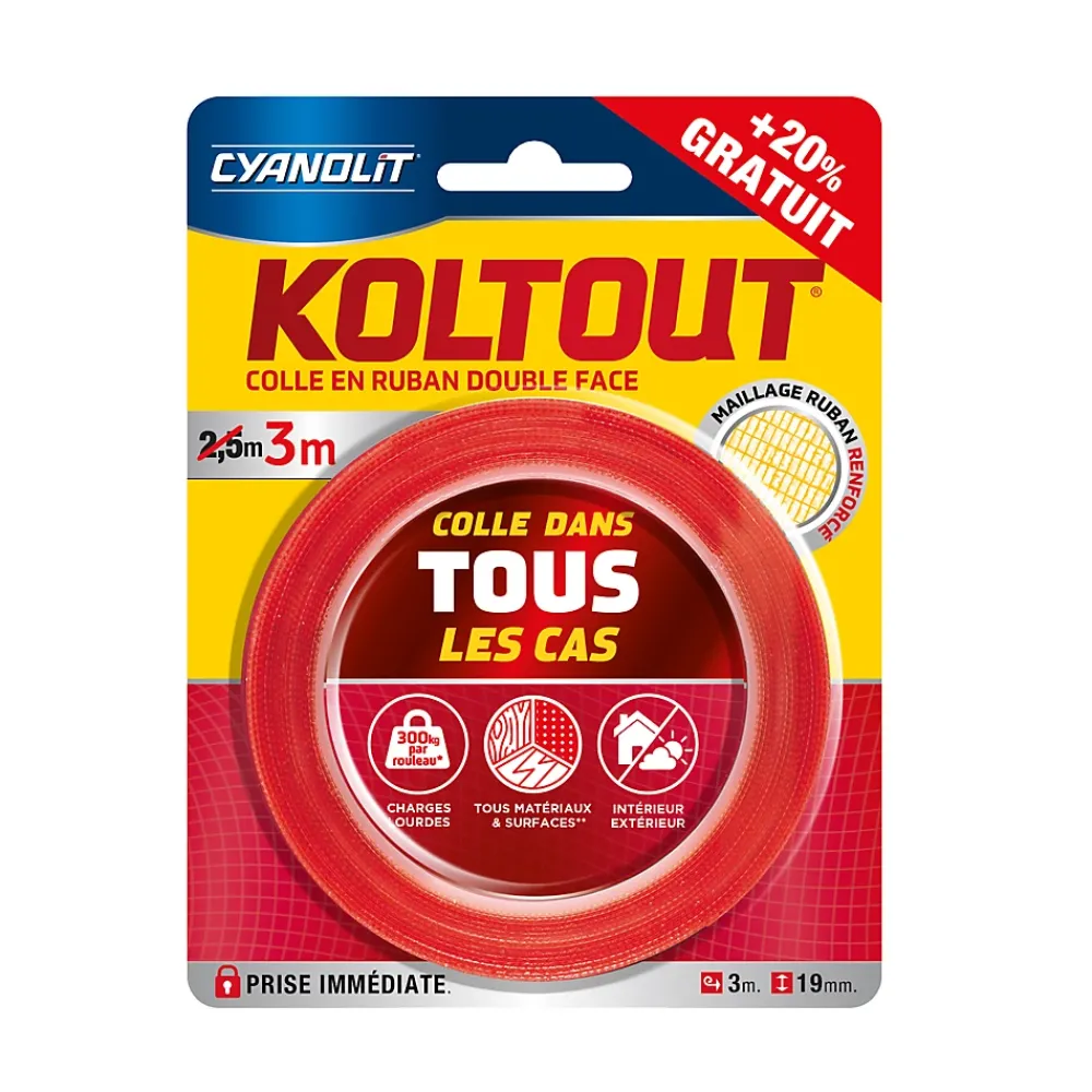 Cyanolit Ruban adhésif double face Koltout Express 3 m x 19 mm + 20%