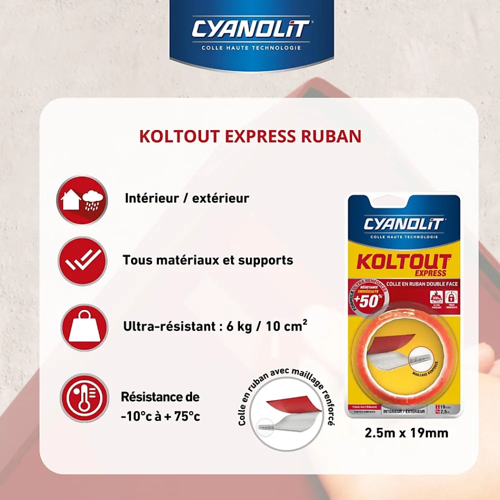 Cyanolit Ruban Adhésif-Ruban adhésif double face Koltout Express 2,5 m x 19 mm