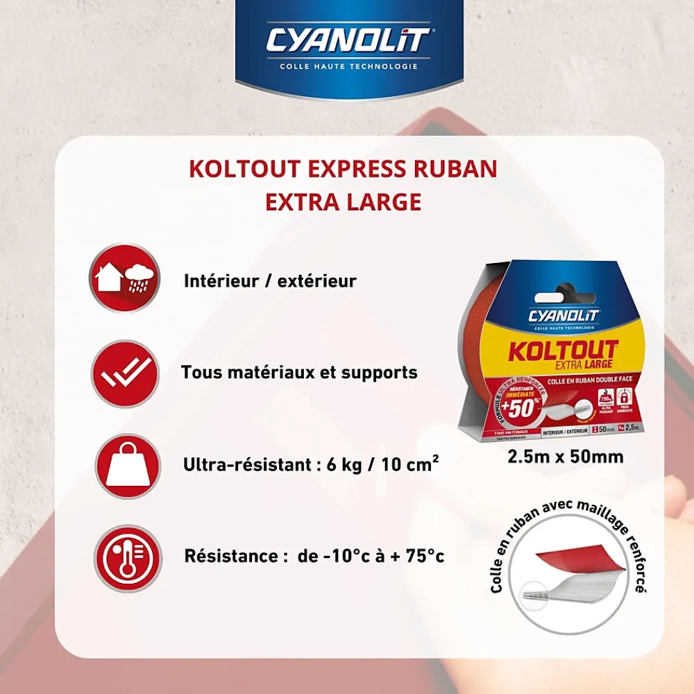 Cyanolit Ruban adhésif double face Koltout Express 48 mm x 18 mm - 10 pièces