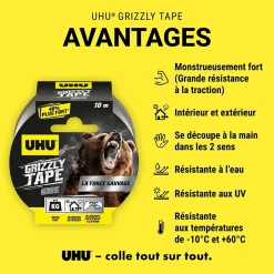 UHU Ruban Adhésif-Ruban adhésif Grizzly tape gris 10m