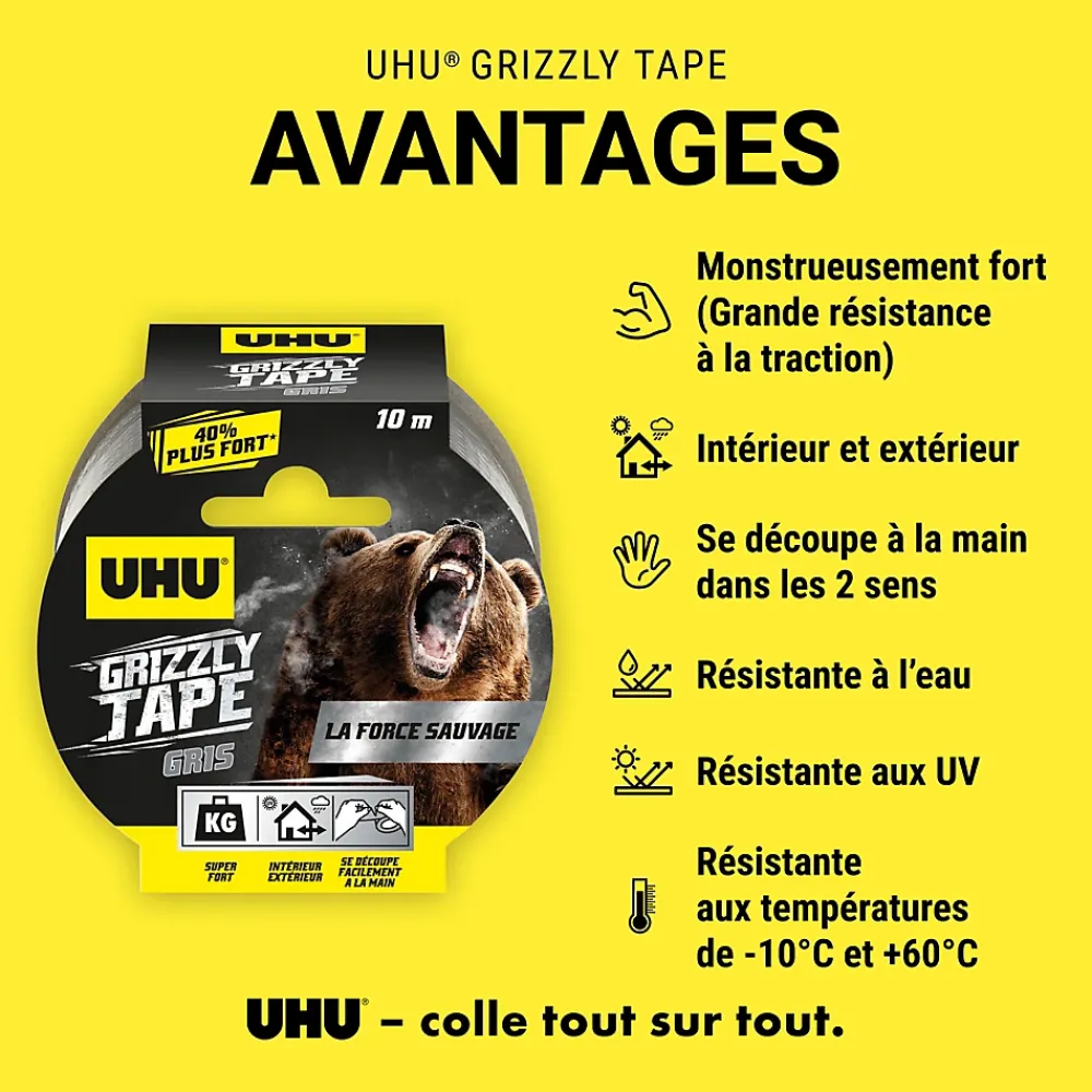 UHU Ruban Adhésif-Ruban adhésif Grizzly tape gris 10m