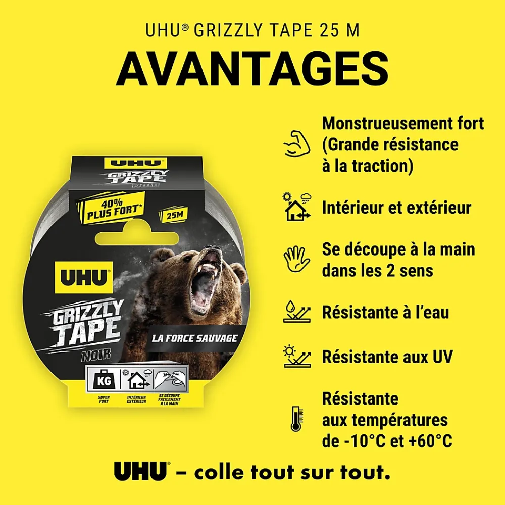 UHU Ruban Adhésif-Ruban adhésif Grizzly tape noir 25 m
