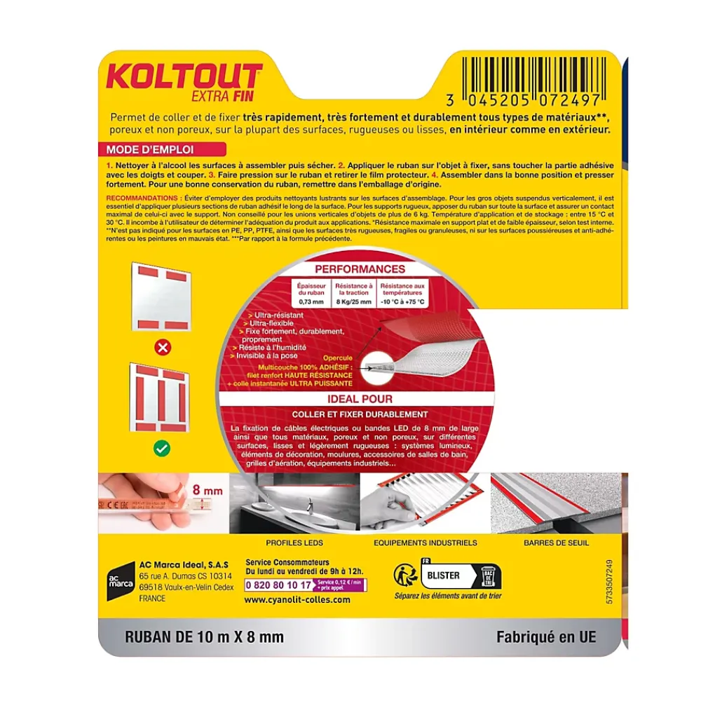 Cyanolit Ruban Adhésif-Ruban colle Koltout extra fin h. 8 mm x l. 10 m