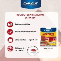 Cyanolit Ruban Adhésif-Ruban colle Koltout extra fin h. 8 mm x l. 10 m