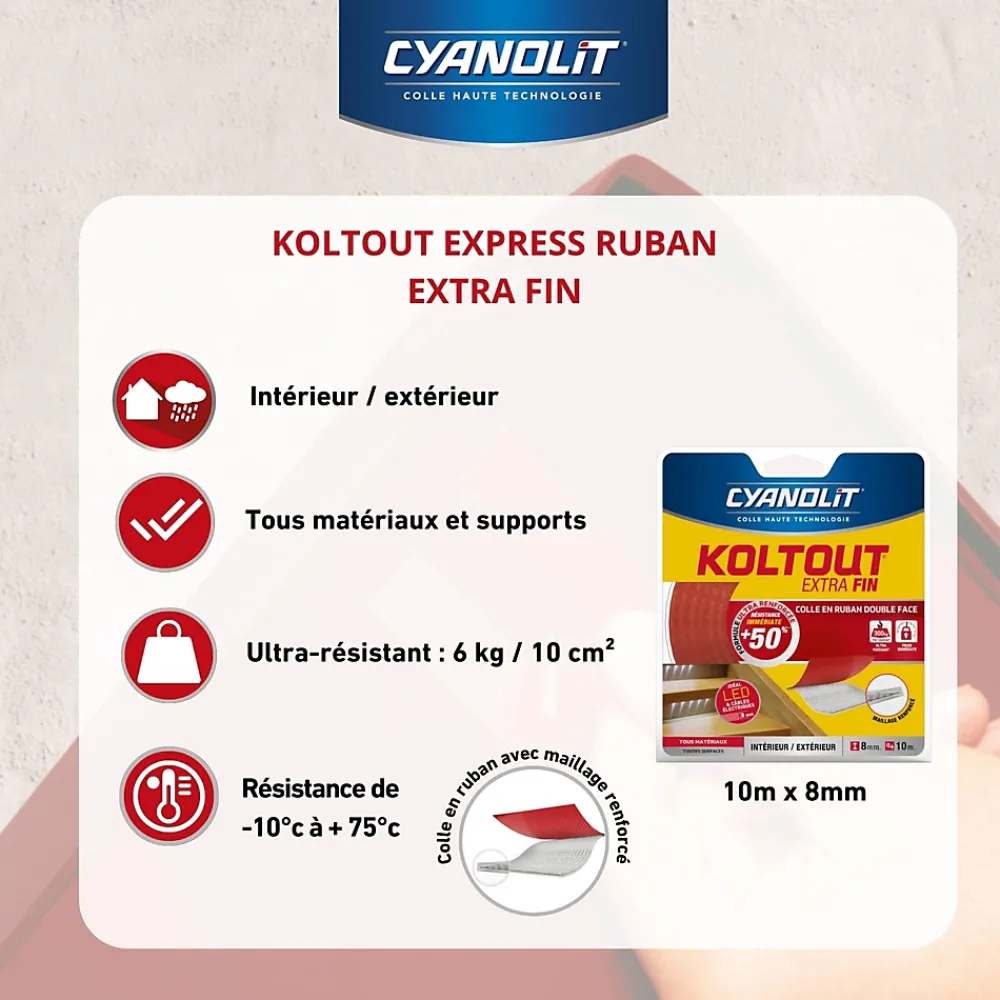 Cyanolit Ruban Adhésif-Ruban colle Koltout extra fin h. 8 mm x l. 10 m