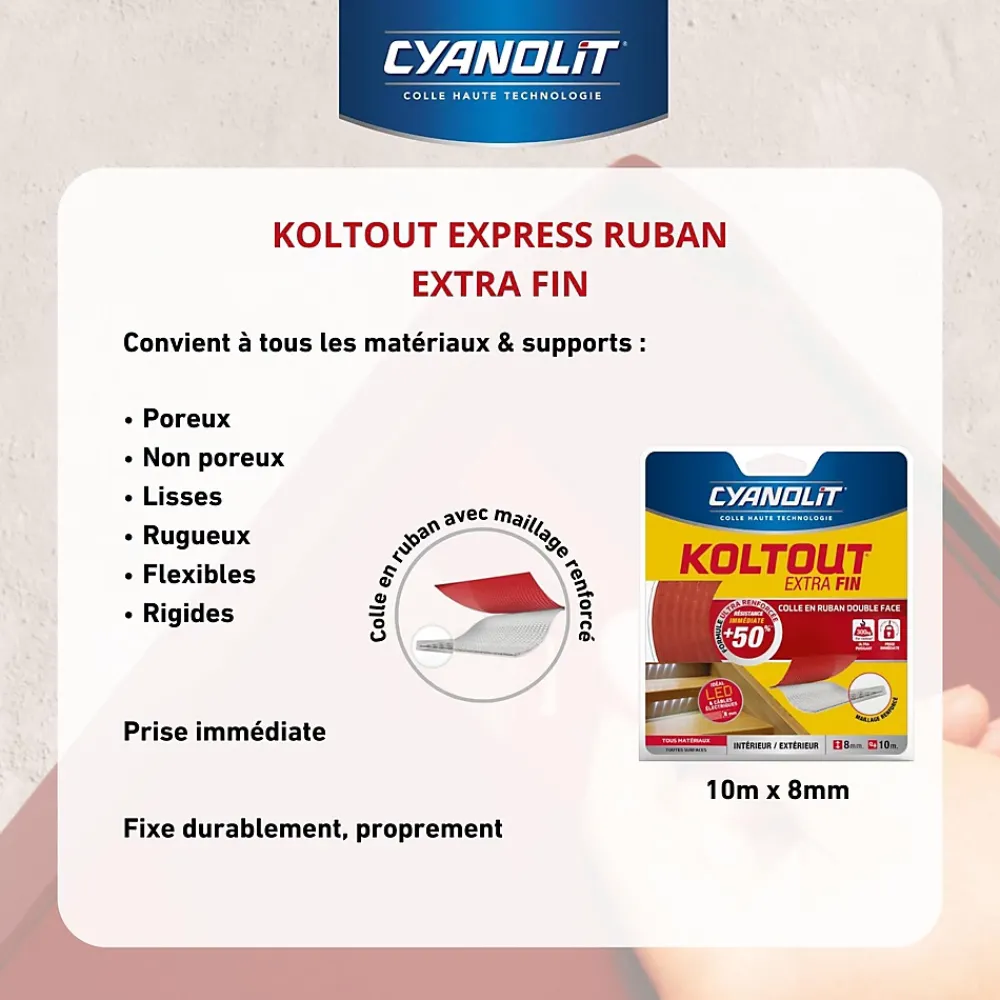 Cyanolit Ruban Adhésif-Ruban colle Koltout extra fin h. 8 mm x l. 10 m