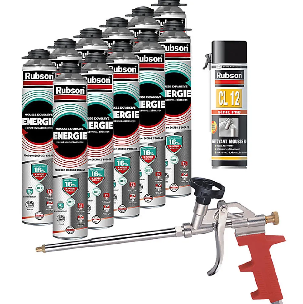 Rubson Mousse Expansive-Pack de 11 Mousses Expansives Énergie Pistolable Gris 750ml + Nettoyant CL12 + Pistolet