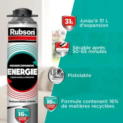 Rubson Pack de 6 Mousses Expansives Énergie Pistolable Gris 750ml