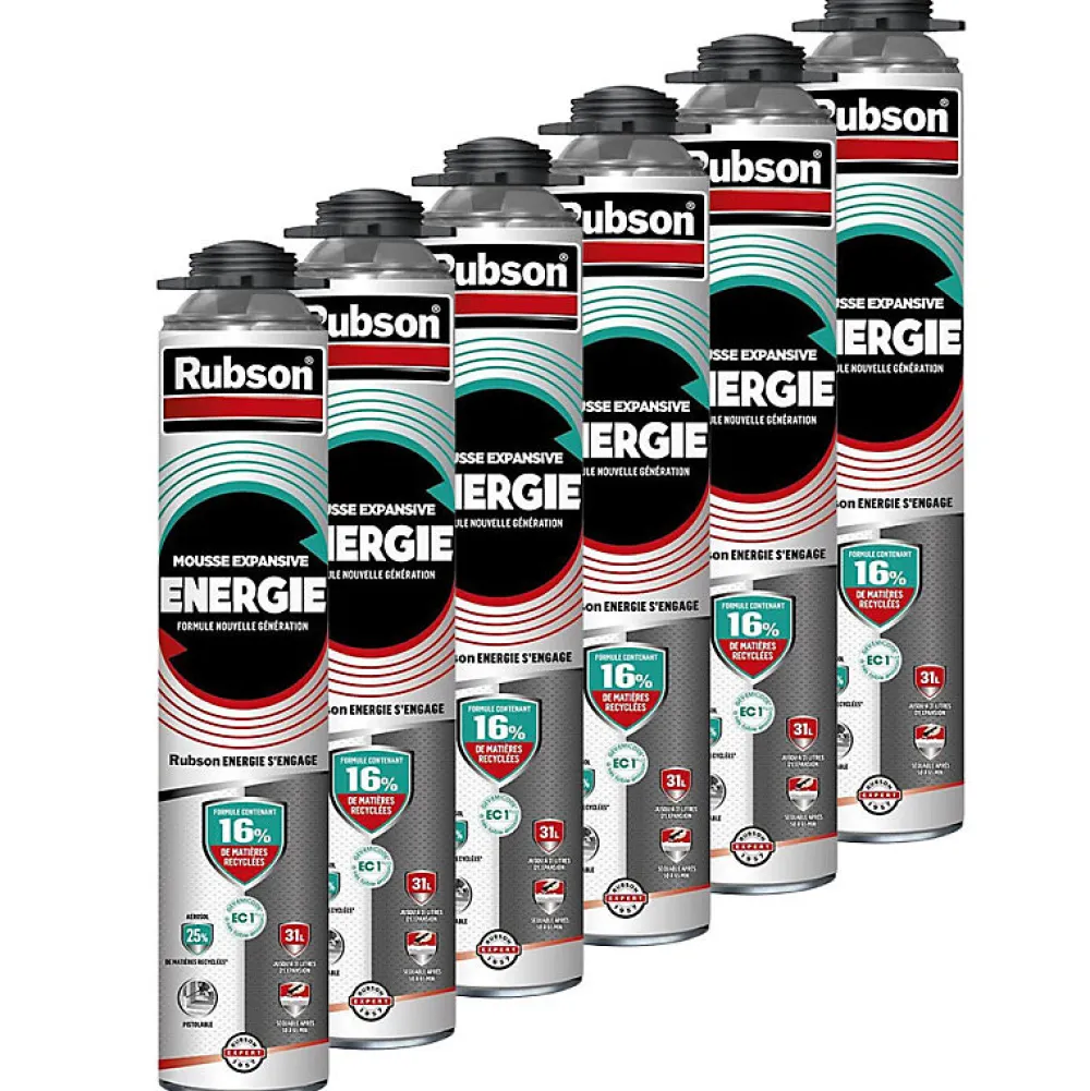 Rubson Pack de 6 Mousses Expansives Énergie Pistolable Gris 750ml