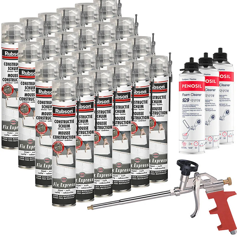 Rubson Pack 24 Mousses construction 750ml Fix Express + 3 Nettoyants FoamCleaner 929 500ml Penosil + Pistolet