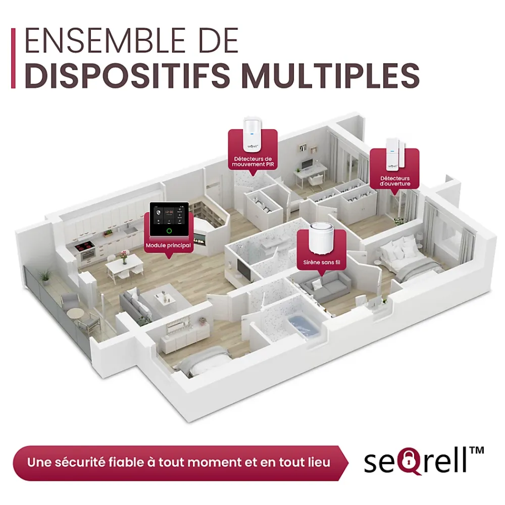 Seqrell , Systeme Alarme Maison sans Fil GSM 4G, WLAN avec écran Tactile et Batterie 1500 mAh. Alexa, Application Android et iOS