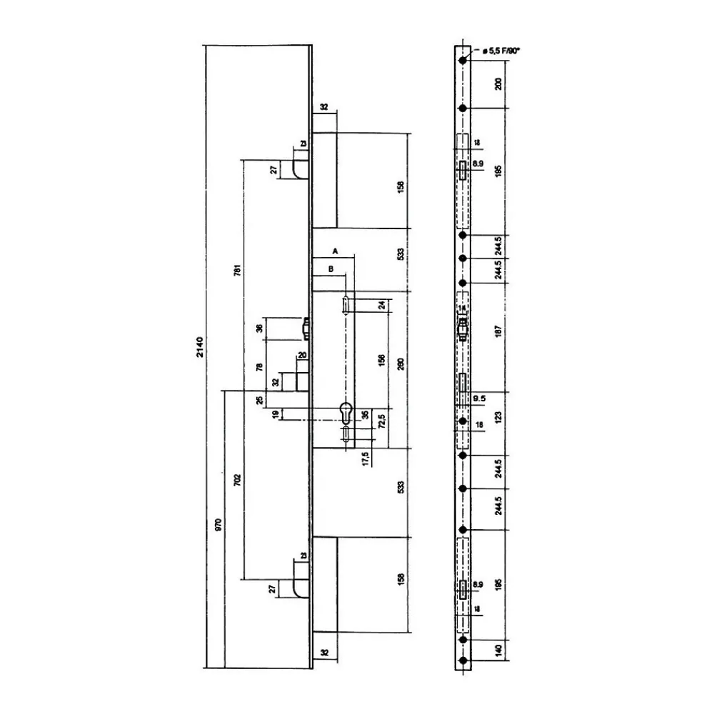 Metalux Serrure à larder 3 points pêne dormant à rouleau coffre 92MTX U8 39mm - - F1U8390200