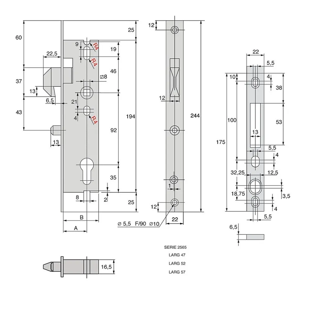 Stremler Assa Abloy Loquet, Targette Et Moraillon De Porte-Serrure monopoint à larder Série 2565 pêne à mentonnet coffre 47mm - STREMLER - 2565.47.0