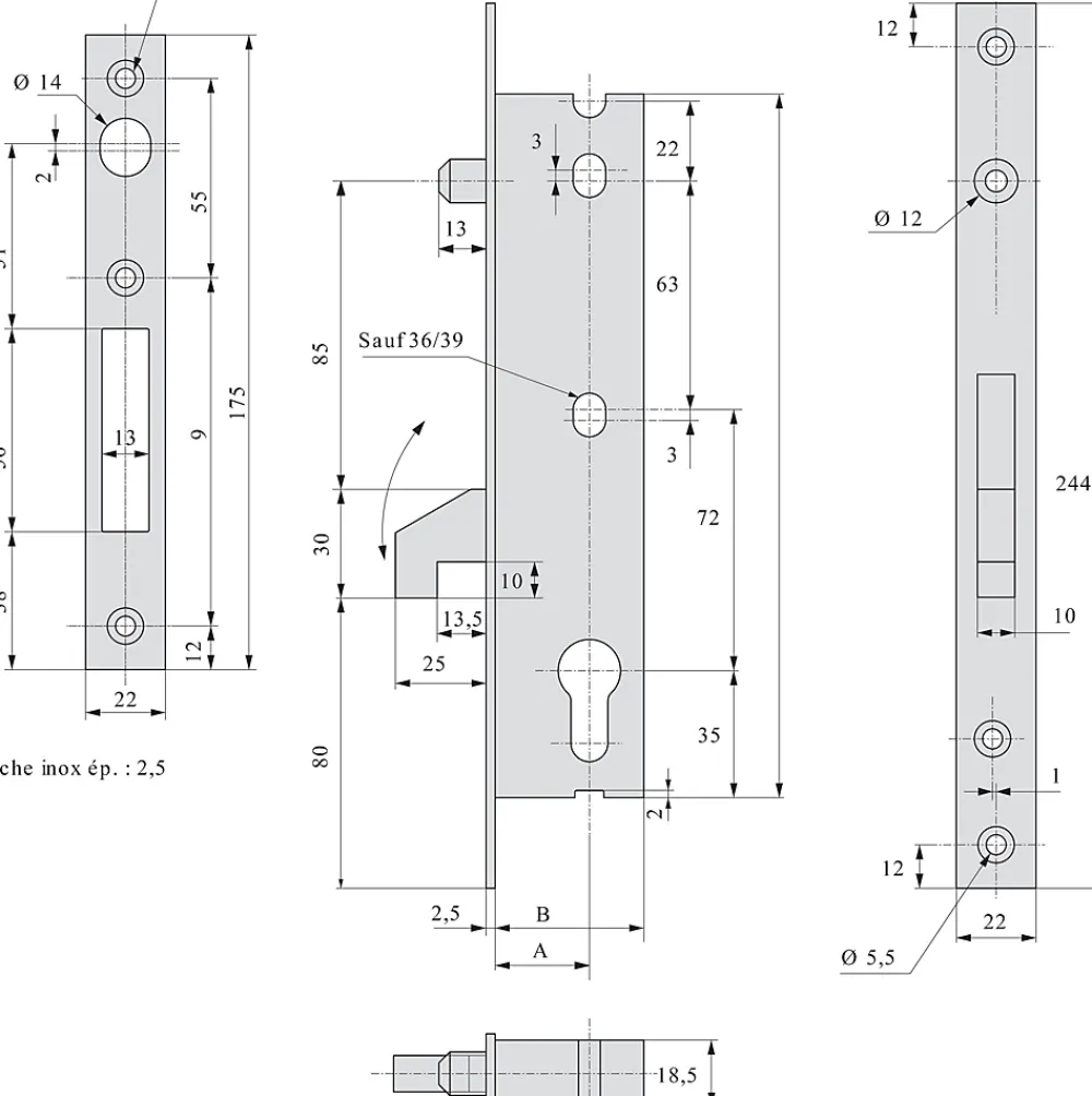 Stremler Assa Abloy Loquet, Targette Et Moraillon De Porte-Serrure monopoint pêne crochet à bascule 45mm - STREMLER - 2562.45.0