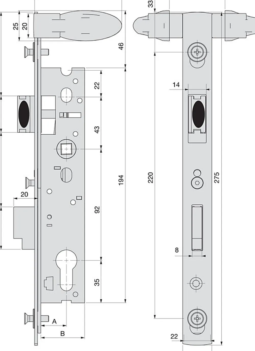 Stremler Assa Abloy Serrure piscine monopoint double manoeuvre pêne dormant demi-tour 39mm - STREMLER - 2268.39.0
