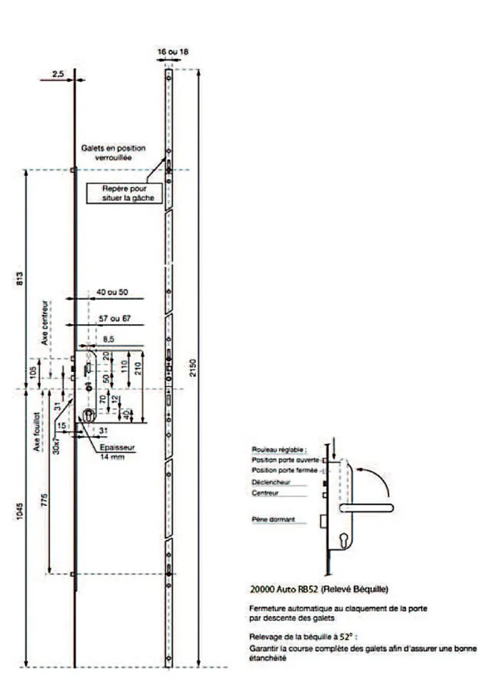 Vachette Loquet, Targette Et Moraillon De Porte-Serrure 4 points série 20215 automatique L2150mm têtière 16mm Axe 40mm sans gâche - - 26766000