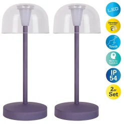 Näve Set de 2 lampes de table LED rechargeables Gomba extérieur intérieur métal plastique couleur mûre hauteur 18,5cm