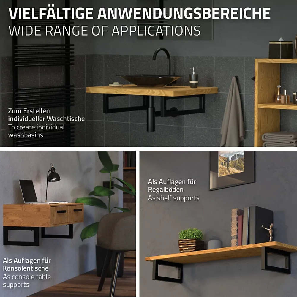 Ml-Design Equerre De Fixation-Set de 2x consoles murales support d'étagères en acier noir mat 450x150x30 mm