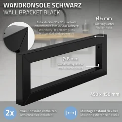 Ml-Design Equerre De Fixation-Set de 2x consoles murales support d'étagères en acier noir mat 450x150x30 mm