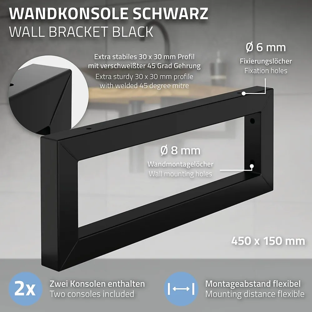 Ml-Design Equerre De Fixation-Set de 2x consoles murales support d'étagères en acier noir mat 450x150x30 mm