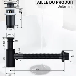 Homelody Evacuation De Baignoire-Siphon de Lavabo avec Bonde Pop Up Universel Noir Mat en Acier Inox et Laiton pour Salle de Bain