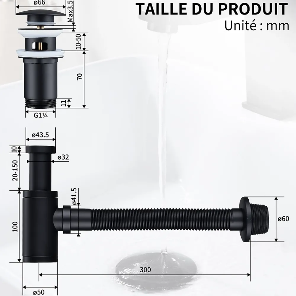 Homelody Evacuation De Baignoire-Siphon de Lavabo avec Bonde Pop Up Universel Noir Mat en Acier Inox et Laiton pour Salle de Bain