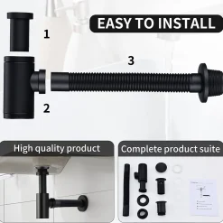 Homelody Evacuation De Baignoire-Siphon de Lavabo avec Bonde Pop Up Universel Noir Mat en Acier Inox et Laiton pour Salle de Bain