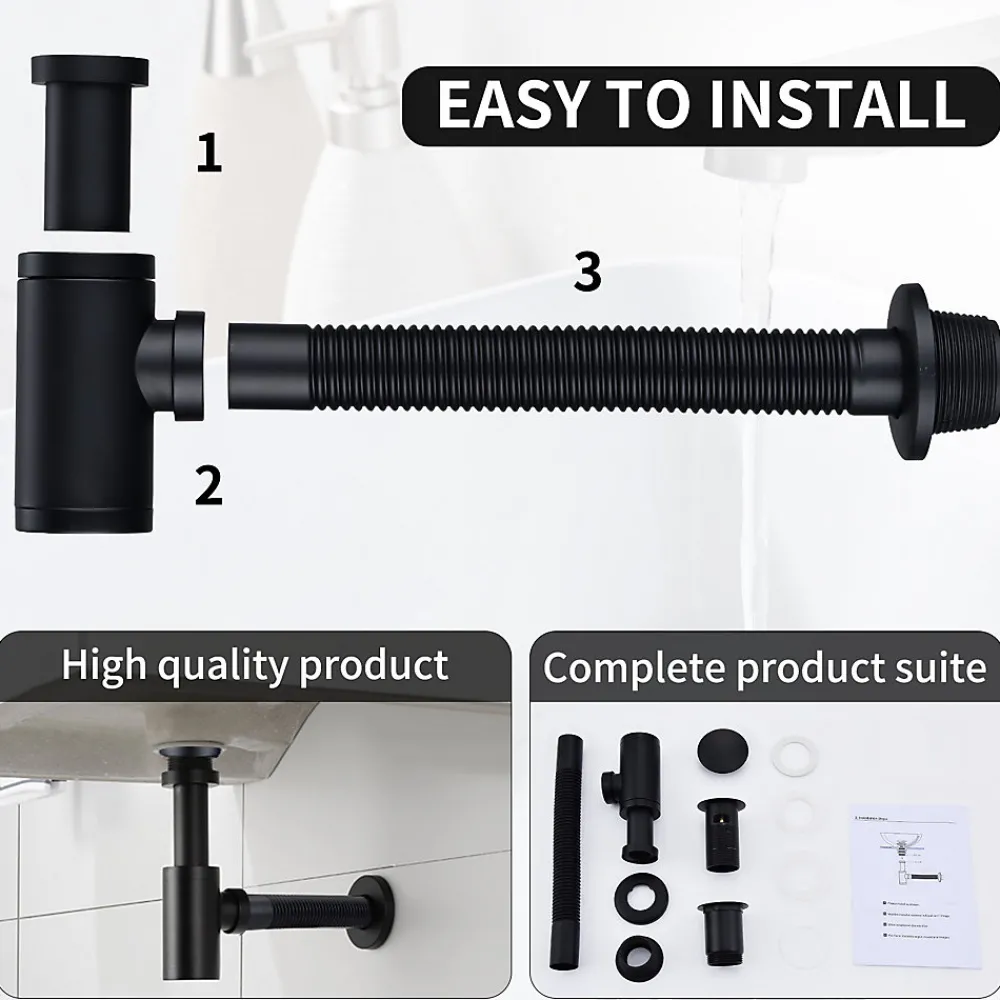 Homelody Evacuation De Baignoire-Siphon de Lavabo avec Bonde Pop Up Universel Noir Mat en Acier Inox et Laiton pour Salle de Bain