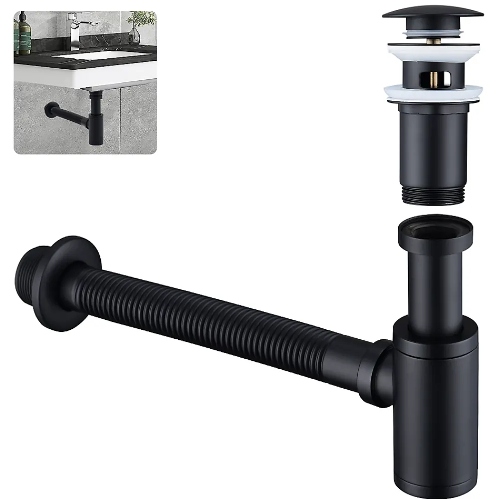 Homelody Evacuation De Baignoire-Siphon de Lavabo avec Bonde Pop Up Universel Noir Mat en Acier Inox et Laiton pour Salle de Bain