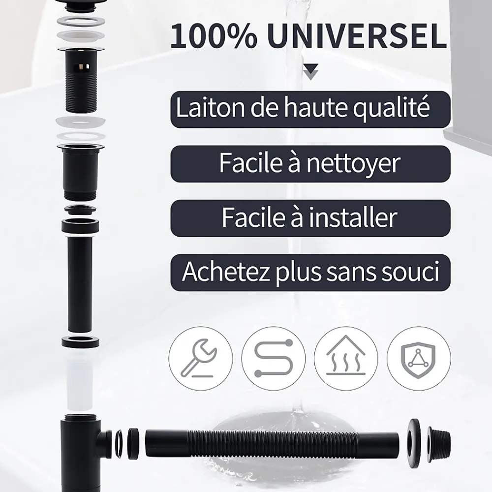 Homelody Evacuation De Baignoire-Siphon de Lavabo avec Bonde Pop Up Universel Noir Mat en Acier Inox et Laiton pour Salle de Bain