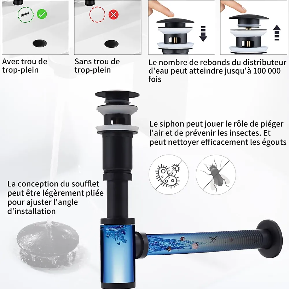 Homelody Evacuation De Baignoire-Siphon de Lavabo avec Bonde Pop Up Universel Noir Mat en Acier Inox et Laiton pour Salle de Bain