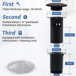 Homelody Evacuation De Lavabo-Vasque-Siphon noir à clapet avec trop-plein, adapté aux lavabos et éviers