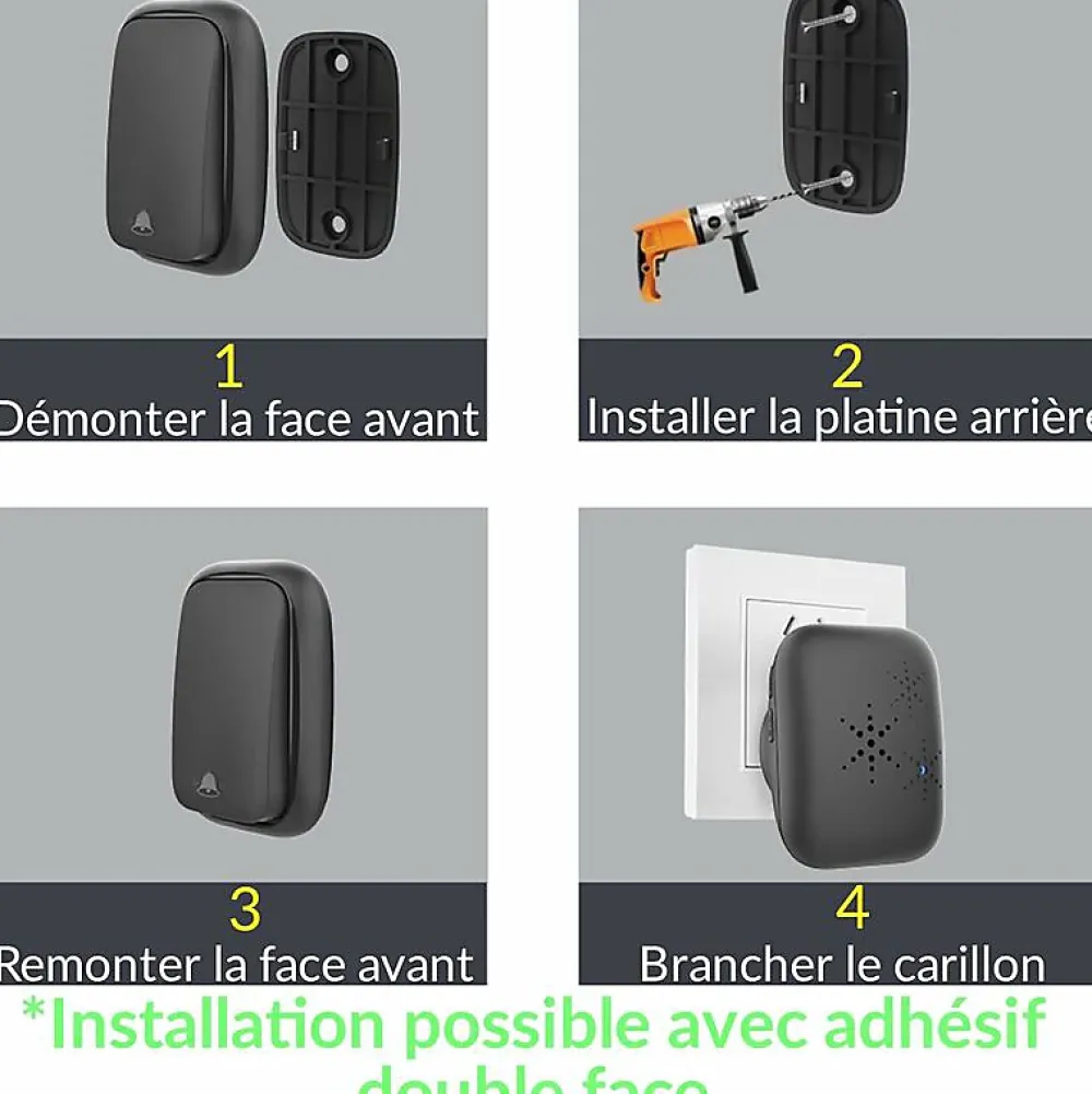 Deko Sonnette Et Carillon-Sonnette d'extérieur sans fil sans batterie, étanche IP 68, humidité de la neige et de la pluie, noir