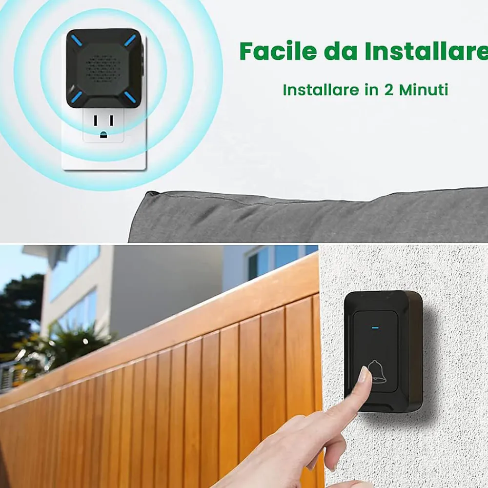 Deko Sonnette Et Carillon-Sonnette extérieure sans fil étanche, voyant LED, portée 300 m, volume réglable sur 5 niveaux, 58 sonneries (noir)