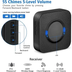 Deko Sonnette électronique étanche IP55, portée de 300 m, 55 mélodies, 5 niveaux de volume - Noir